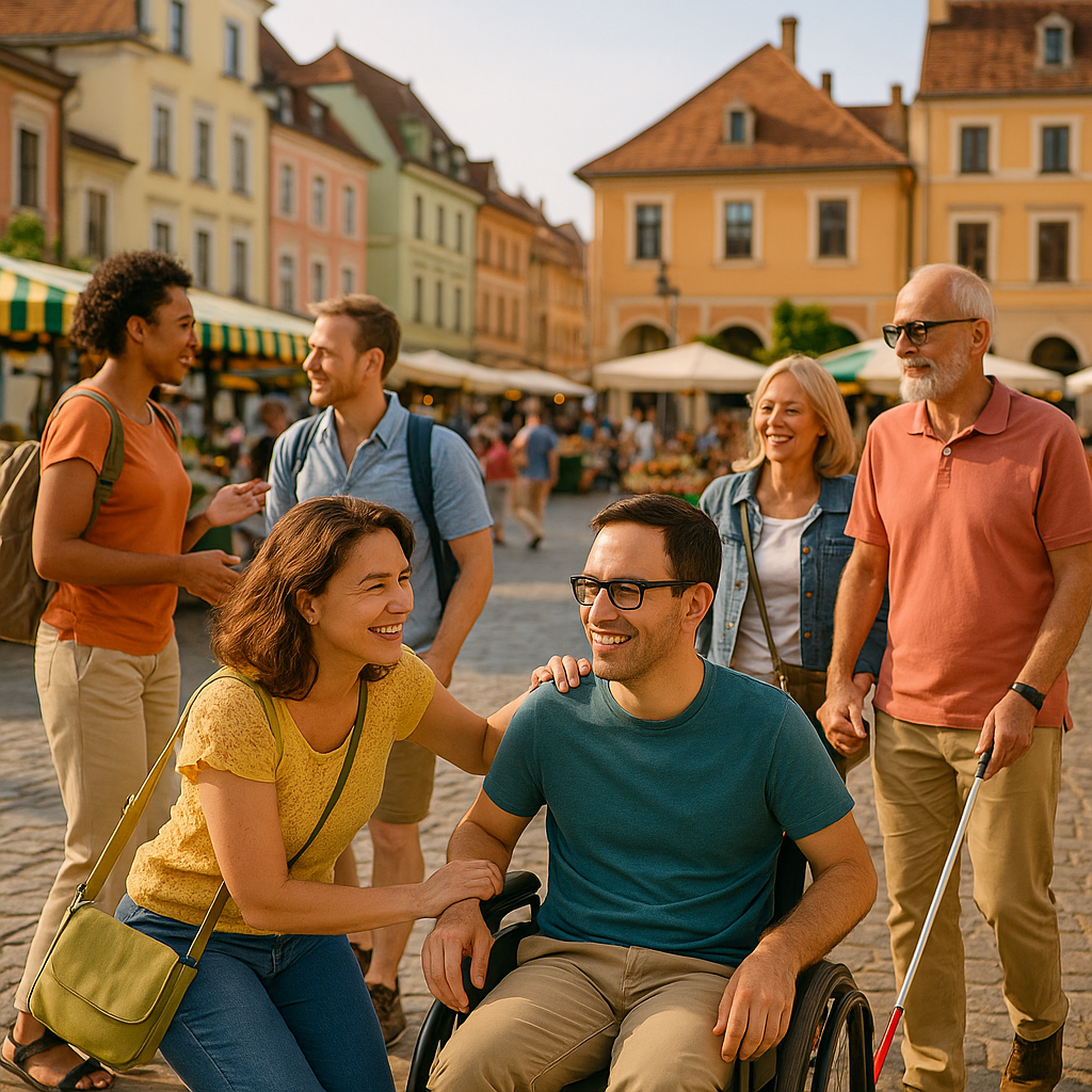 Grupo de personas diversas, incluyendo un hombre en silla de ruedas y otro con bastón blanco, disfrutando juntos en una plaza europea soleada, con edificios coloridos y mercado de fondo. Todos sonríen y conversan en un ambiente relajado y acogedor.