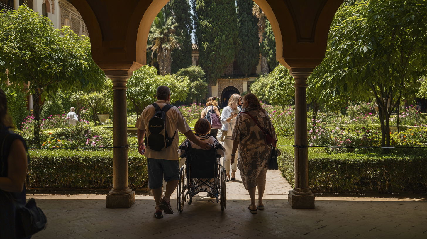 turistas disfrutando de un recorrido guiado accesible en los jardines del Real Alcázar.