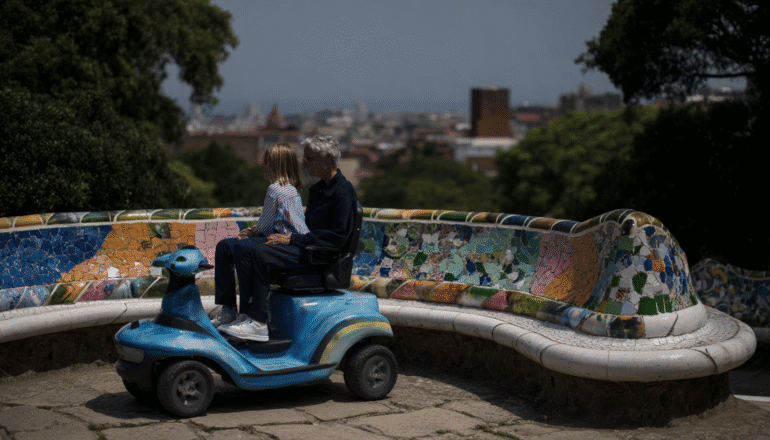 A father with a disability sitting on a mobility scooter for reduced mobility, holding his young daughter on his lap, accompanied by friends at Park Güell in Barcelona, enjoying an inclusive and wheelchair-accessible travel experience.