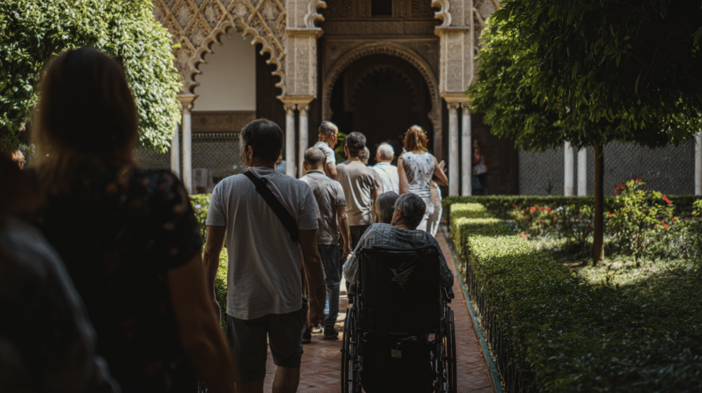 A small group of tourists, including a wheelchair user and companion, exploring the lush gardens of the Real Alcázar in Seville, highlighting Spain’s accessible guided tours and inclusive heritage tourism.