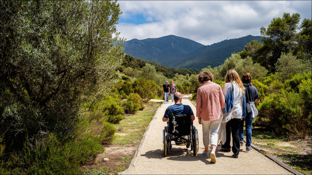 A diverse group of travellers, including a wheelchair user with a companion, enjoying an accessible nature trail in Spain, showcasing sustainable and inclusive tourism with purpose.