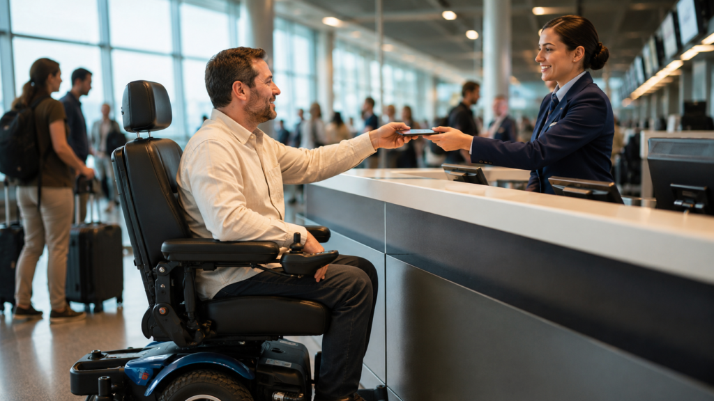 Hombre en silla de ruedas eléctrica entregando su tarjeta de embarque digital a una empleada de aerolínea en el mostrador de facturación.