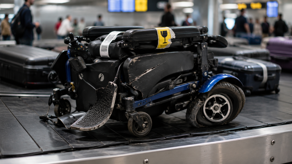 Silla de ruedas eléctrica plegada con una rueda dañada y el chasis agrietado sobre la cinta de recogida de equipajes de un aeropuerto.
