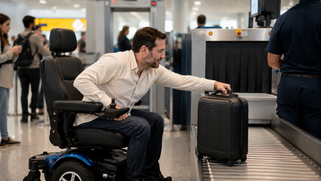Hombre en silla de ruedas eléctrica recogiendo su maleta de mano de la cinta del control de seguridad del aeropuerto.