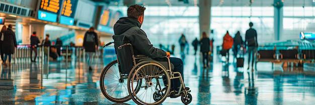 Persona usuaria de silla de ruedas manual observando los paneles de salidas en una terminal de aeropuerto, con viajeros desenfocados al fondo.